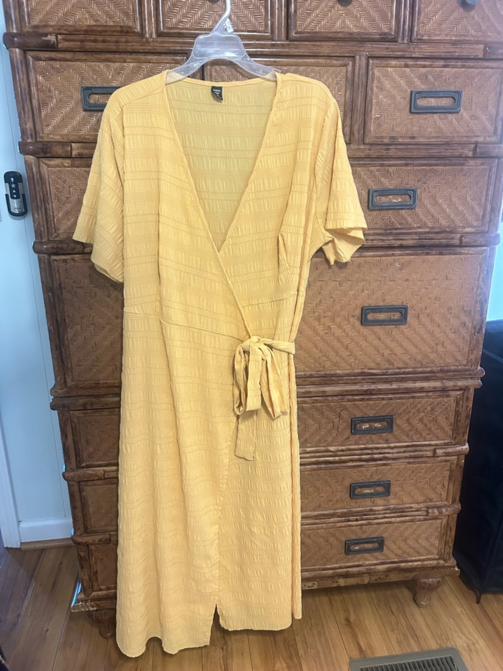 SHEIN Mustard Wrap Midi Dress with Tie Waist